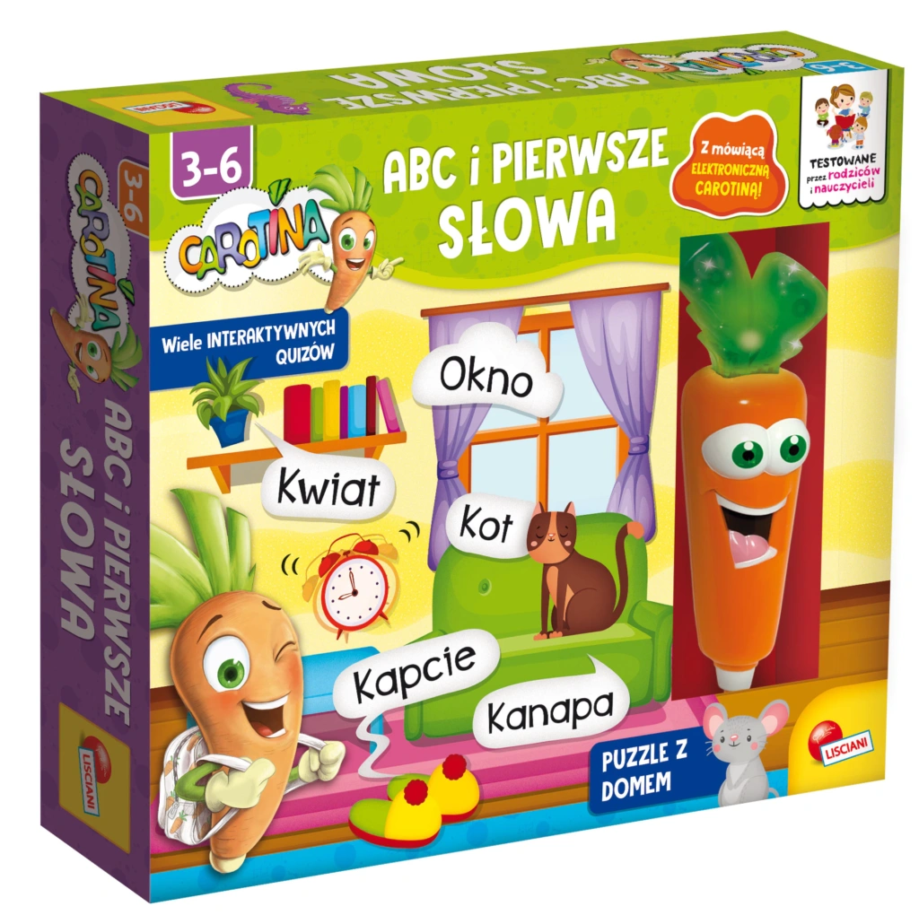 Wiele interaktywnych kart do nauki alfabetu i odkrywania wielu prostych słów w towarzystwie mówiącej i świecącej Carotiny! Opakowanie zawiera również puzzle z domem z wesołymi zagadkami.