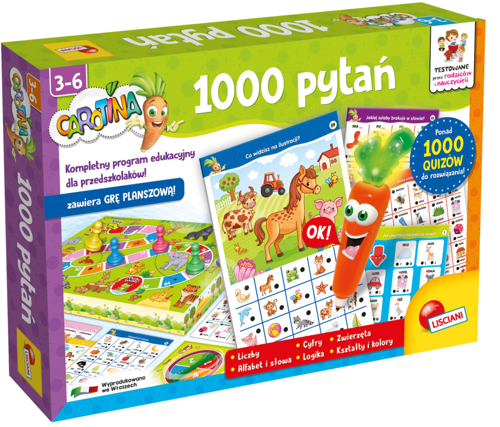 W opakowaniu znaleźć można planszę, 4 pionki, spinner, wiele interaktywnych kart, ponad 1000 quizów uczących wielu zagadnień metodą „ciągłego powtarzania”. Gdy odpowiedź jest poprawna, Carotina zaświeci się i nagrodzi dziecko wesołymi okrzykami!