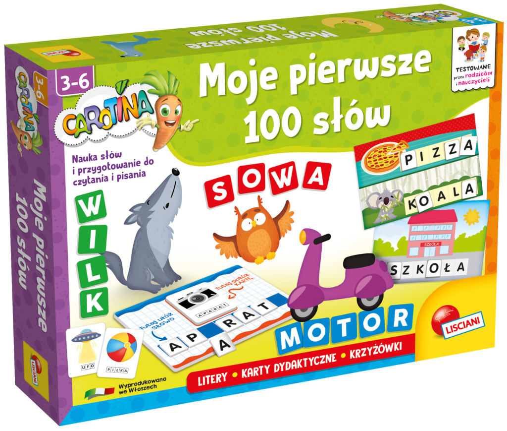 W opakowaniu znaleźć można planszę, 4 pionki, spinner, wiele interaktywnych kart, ponad 1000 quizów uczących wielu zagadnień metodą „ciągłego powtarzania”. Gdy odpowiedź jest poprawna, Carotina zaświeci się i nagrodzi dziecko wesołymi okrzykami!