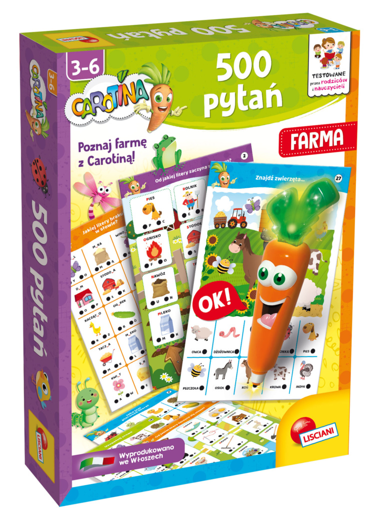 Wiele interaktywnych kart do nauki alfabetu i odkrywania wielu prostych słów w towarzystwie mówiącej i świecącej Carotiny! Opakowanie zawiera również puzzle z domem z wesołymi zagadkami.
